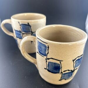 Signed Studio Pottery Coffee Mugs Blue Abstract Design Set of 2 ArtisanStoneware